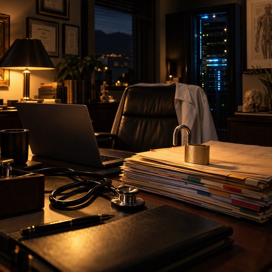 A darkened practice office with an open padlock resting on patient files