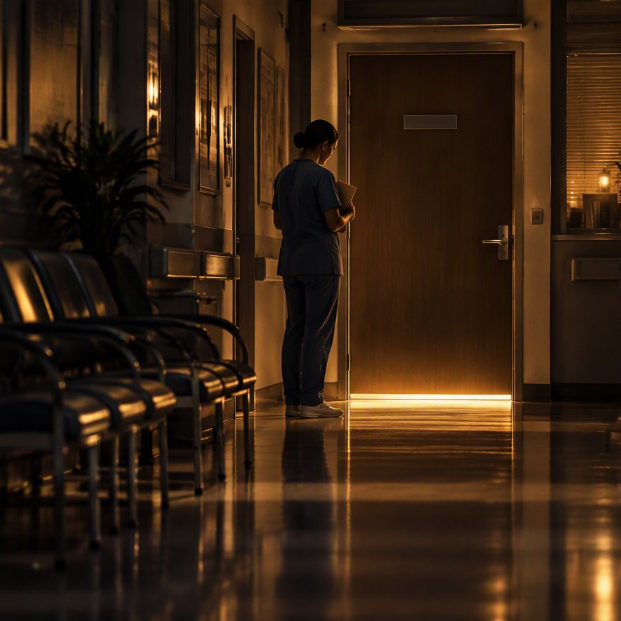A nurse waiting alone outside a closed senior office door in a hospital corridor at night