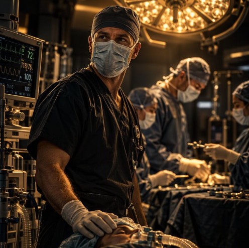 An anaesthetist in a theatre unit, looking up from his patient